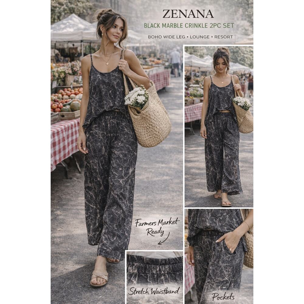 Zenana Black Marble Crinkle 2PC Set Small Boho Wide Leg Lounge Resort